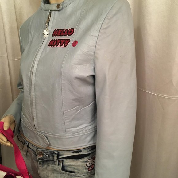 ADORABLE robins egg blue genuine leather jacket jacket with hello kitty details! - Picture 6 of 15